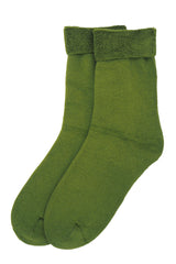 Two pairs of Peper Harow women's green Plain luxury bed socks showing fluffy inside