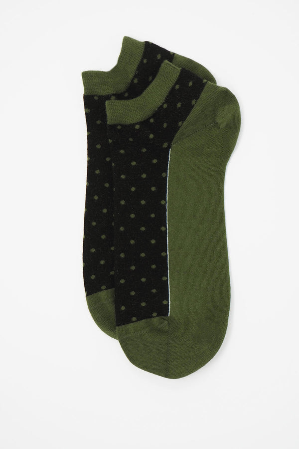 Two khaki Polka men's luxury organic cotton trainer socks side by side from Peper Harow