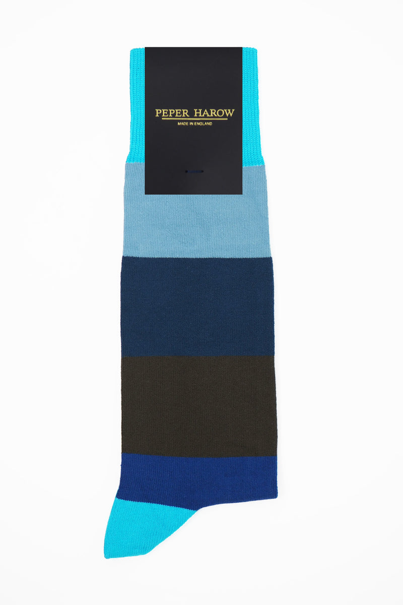 Peper Harow aqua Block Stripe men's luxury socks in packaging