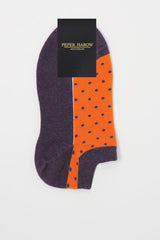 Orange and purple "Berry" women's organic cotton Polka trainer socks by Peper Harow in Packaging
