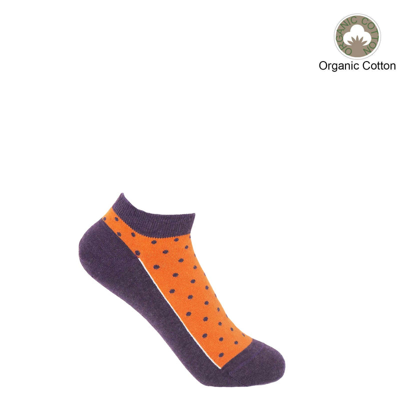 Orange and purple "Berry" women's organic cotton Polka trainer socks by Peper Harow