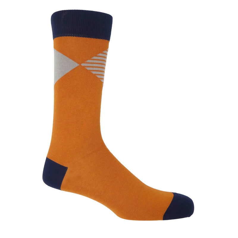 Peper Harow orange Big Diamond luxury men's socks featuring a solid and striped diamonds coalescing at their points