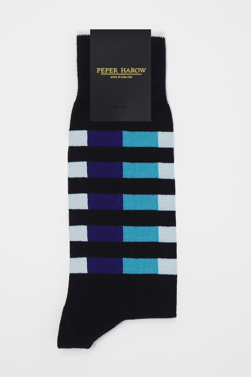 Black Quad Stripe men's luxury socks in Peper Harow packaging