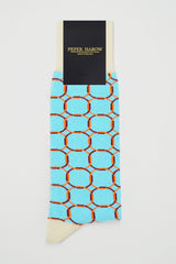 Blue Linked luxury patterned men's socks in Peper Harow packaging