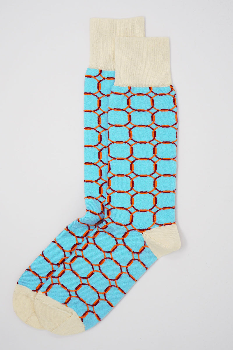 two Blue Linked men's luxury patterned socks by Peper Harow side by side