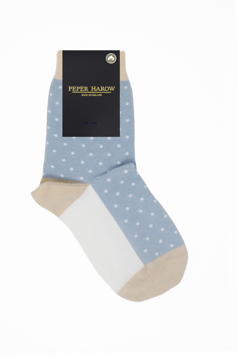 Peper Harow blue Pin Polka luxury women's organic cotton socks in packaging