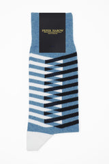 Peper Harow blue Symmetry men's luxury socks in packaging.