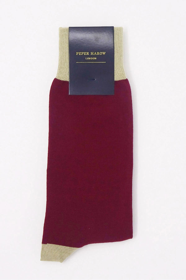 Peper Harow burgundy Burgess men's luxury socks in packaging