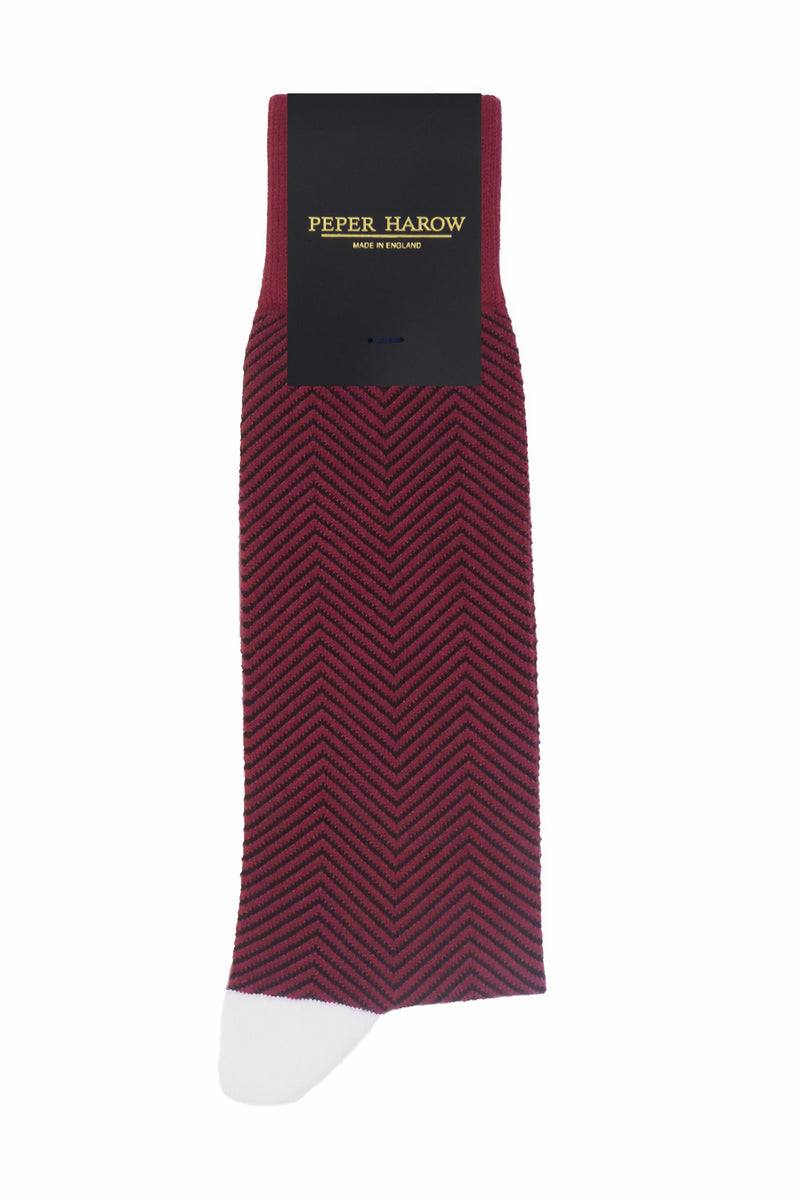 Peper Harow burgundy Lux Taylor men's luxury socks in packaging