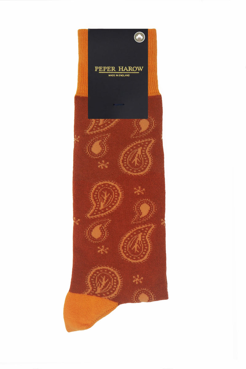Peper Harow burnt orange Paisley men's luxury socks in packaging