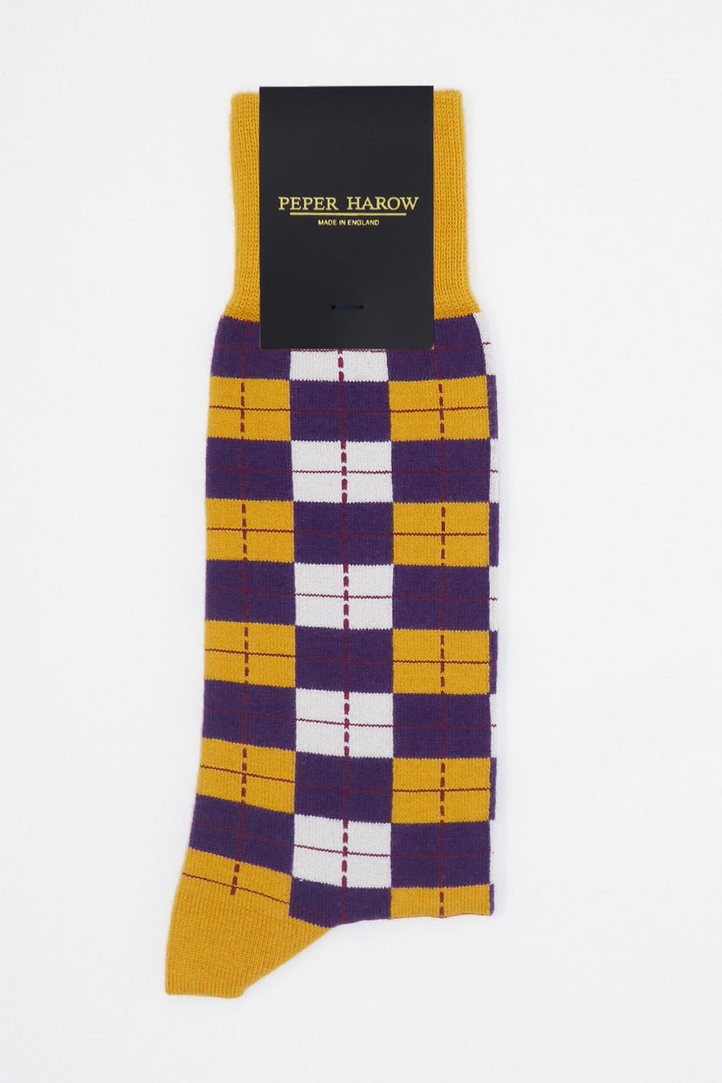 Peper Harow gold checkmate men's luxury socks in packaging