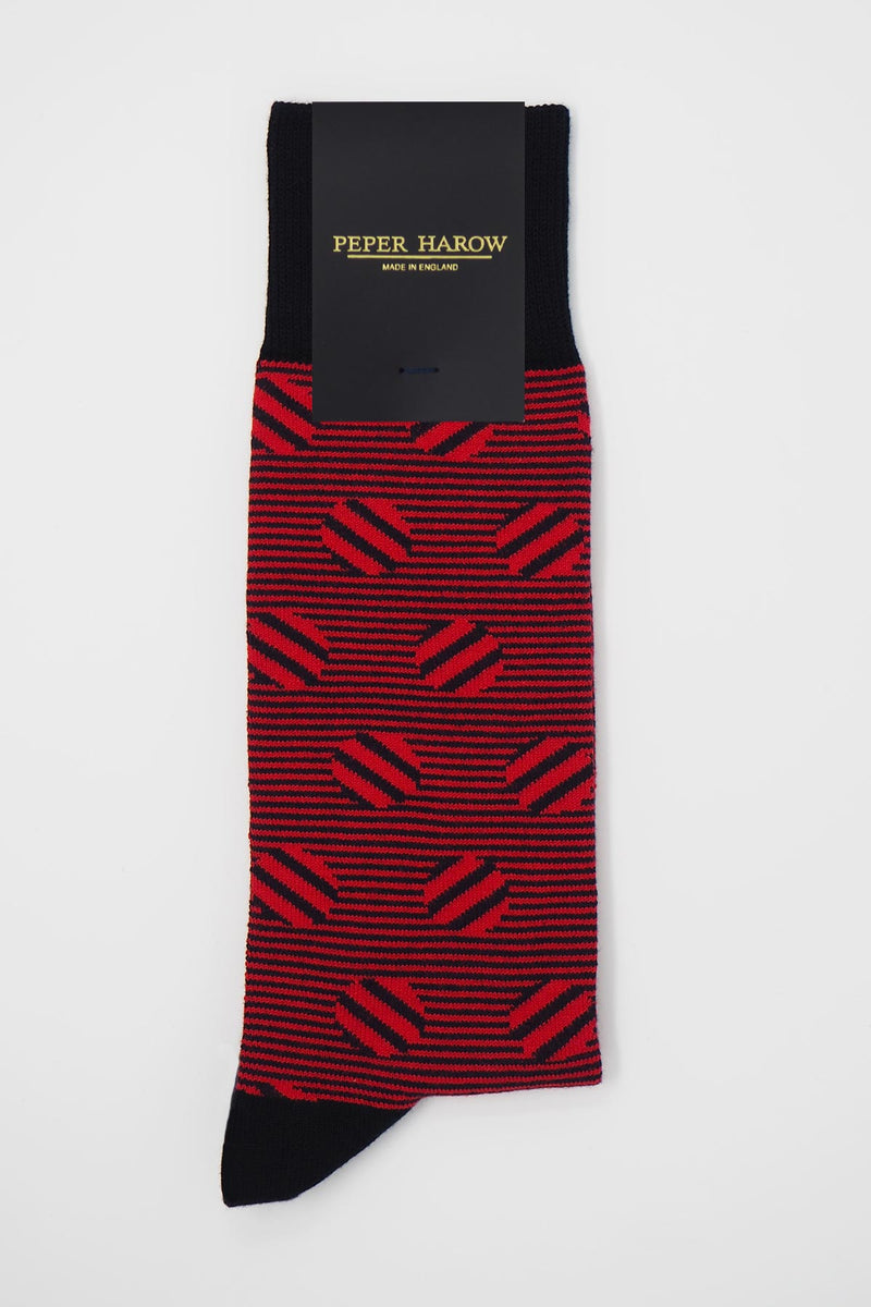 Peper Harow cherry red polka stripe men's luxury socks in packaging