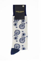Peper Harow cream Paisley men's luxury socks in packaging