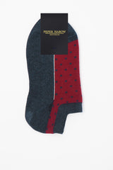 Denim blue and red women's organic cotton Polka trainer socks by Peper Harow in packaging