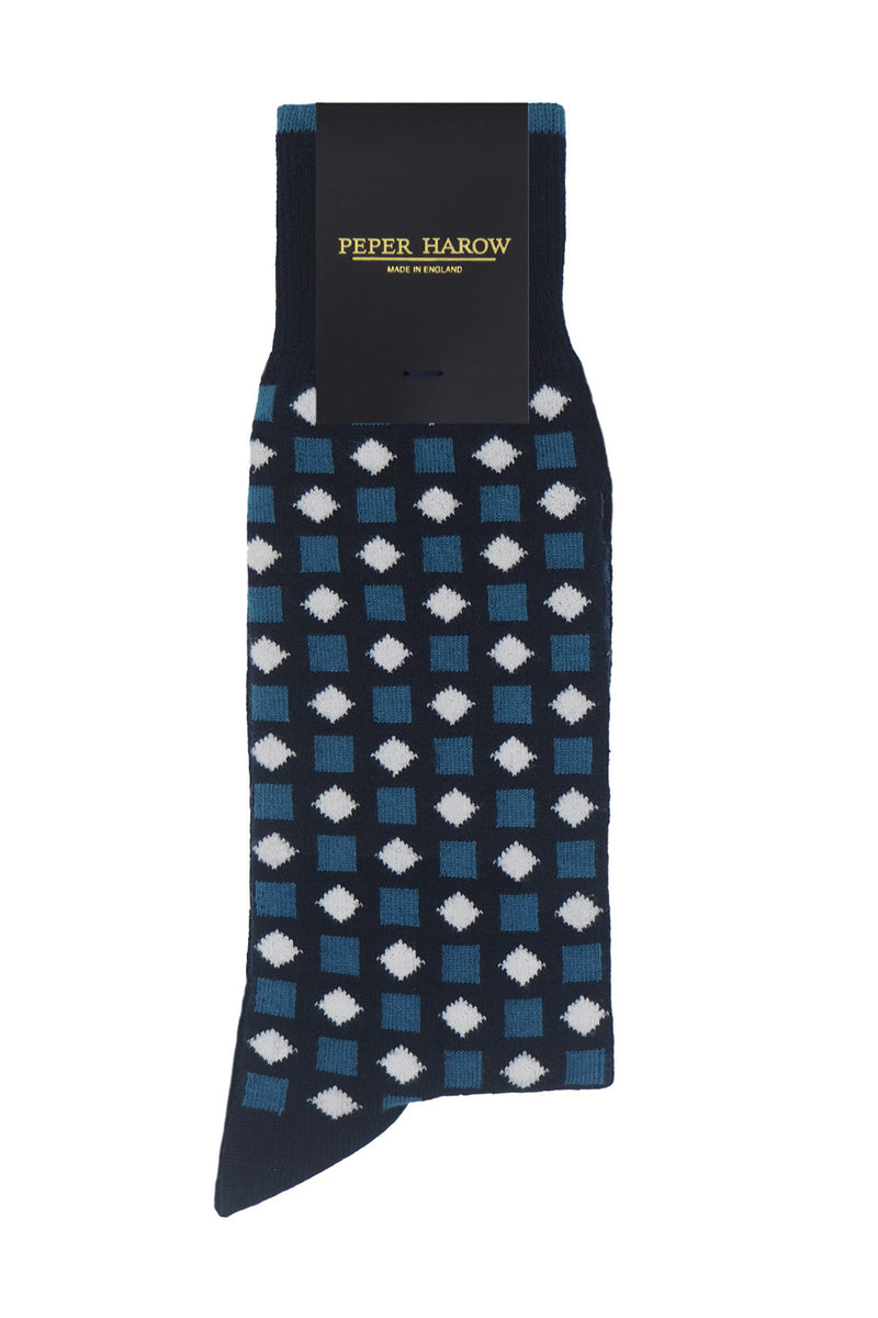 Peper Harow navy Diamonds men's luxury socks in packaging