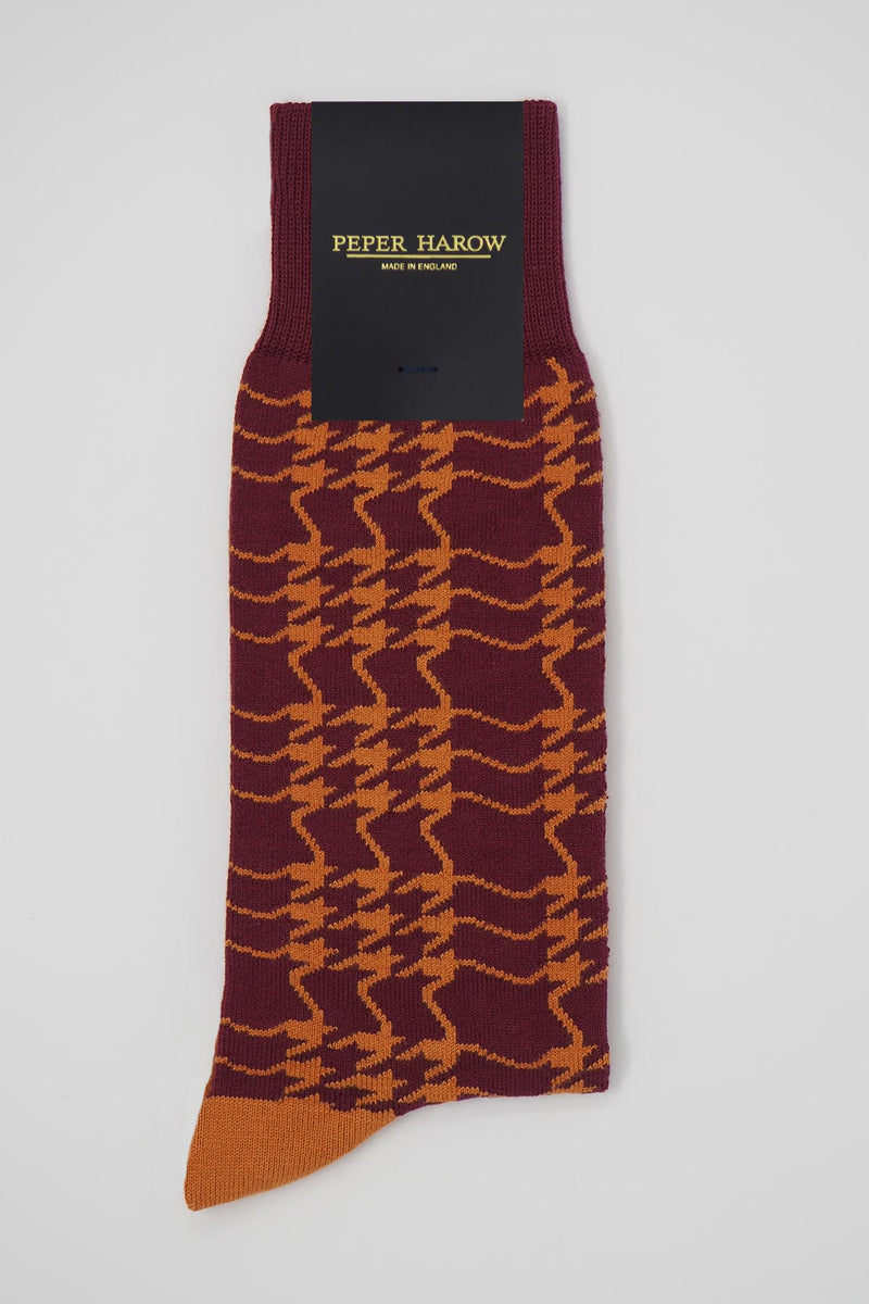 Peper Harow Garnet houndstooth men's luxury socks in packaging