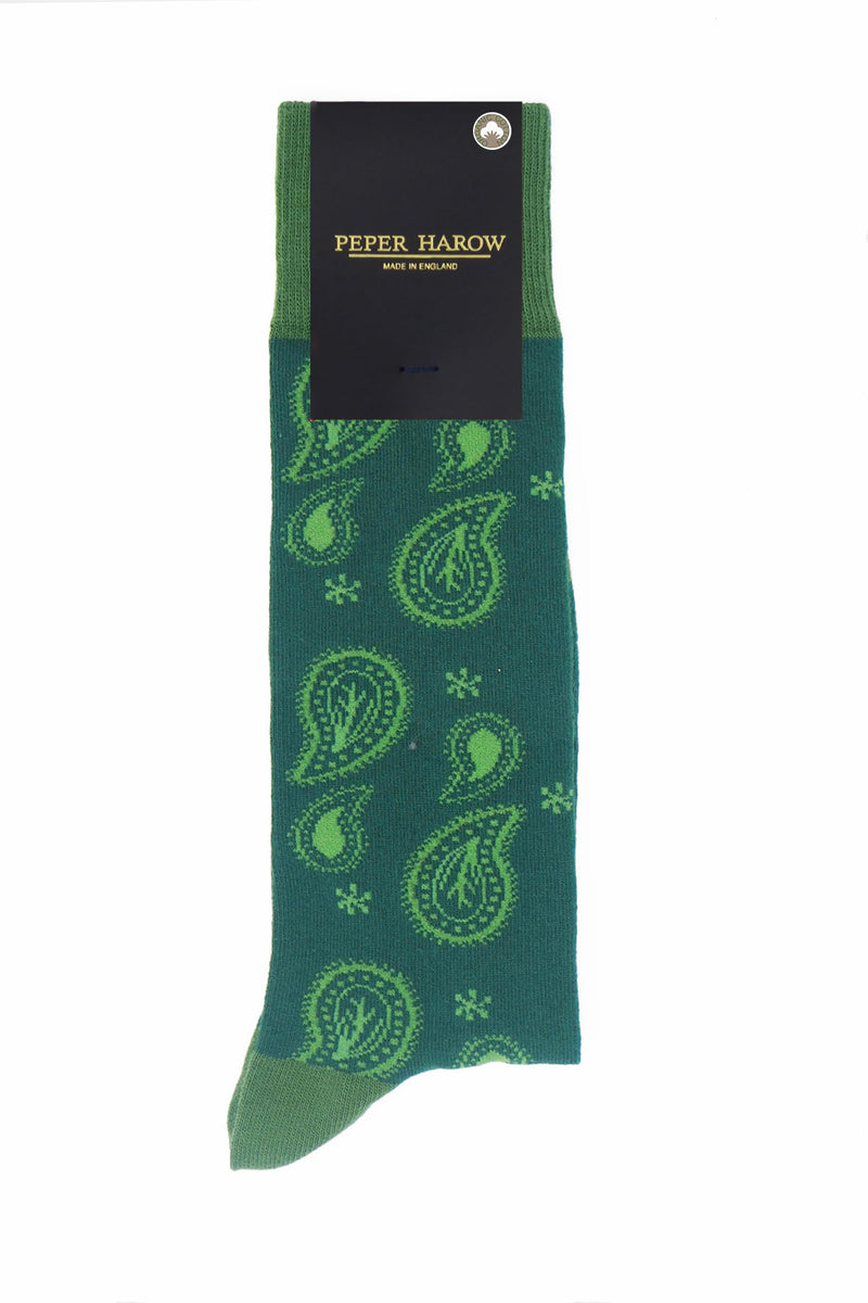 Peper Harow green Paisley men's luxury socks in packaging