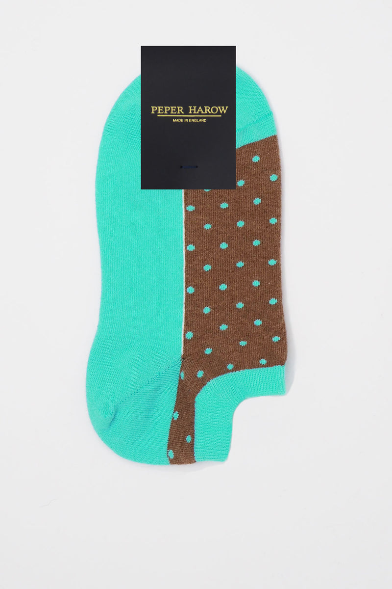 Turquoise and brown "Ocean" women's organic cotton Polka trainer socks by Peper Harow in packaging