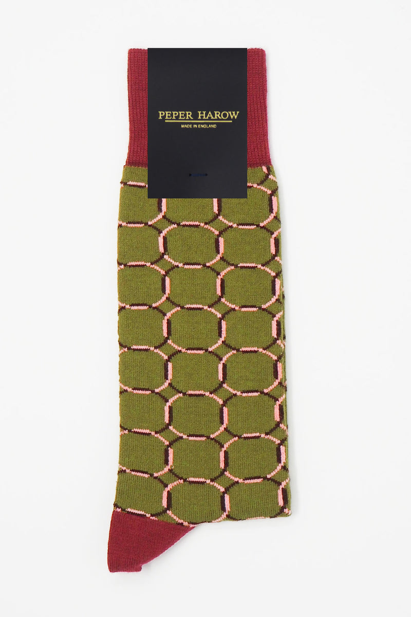 Olive Linked men's luxury socks in Peper Harow packaging