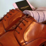 Peper Harow's pink Pin Stripe men's luxury socks inside brown oxfords