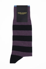 Purple and black Equilibrium men's striped luxury organic cotton socks by Peper Harow in packaging