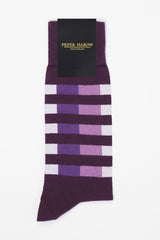 Purple Quad Stripe men's luxury socks in Peper Harow packaging