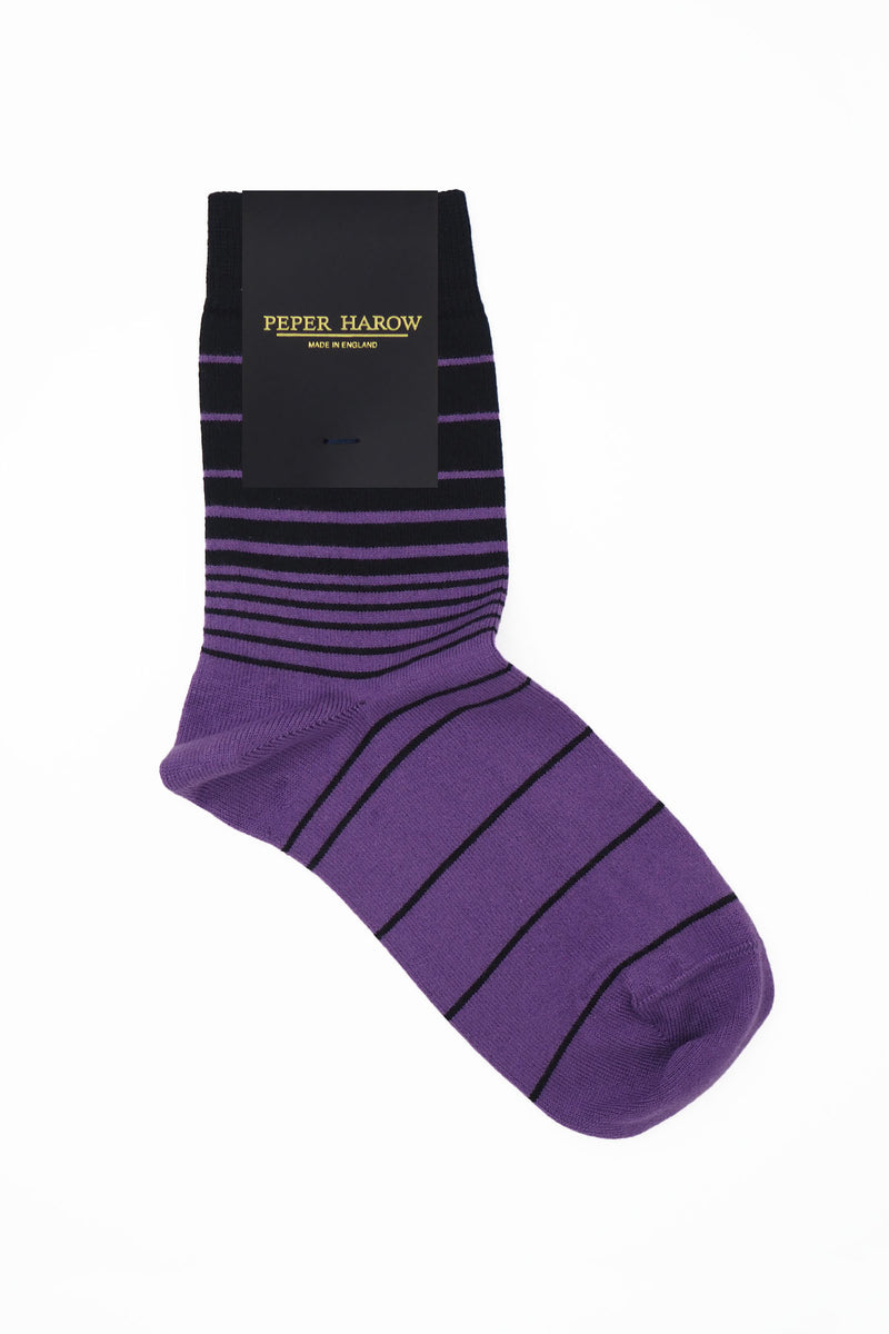 Peper Harow Purple Retro Stripe women's luxury socks in packaging