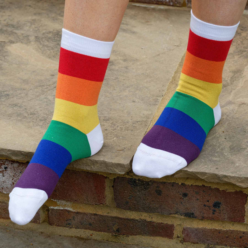 Women wearing Peper Harow rainbow Block Stripe women's luxury socks