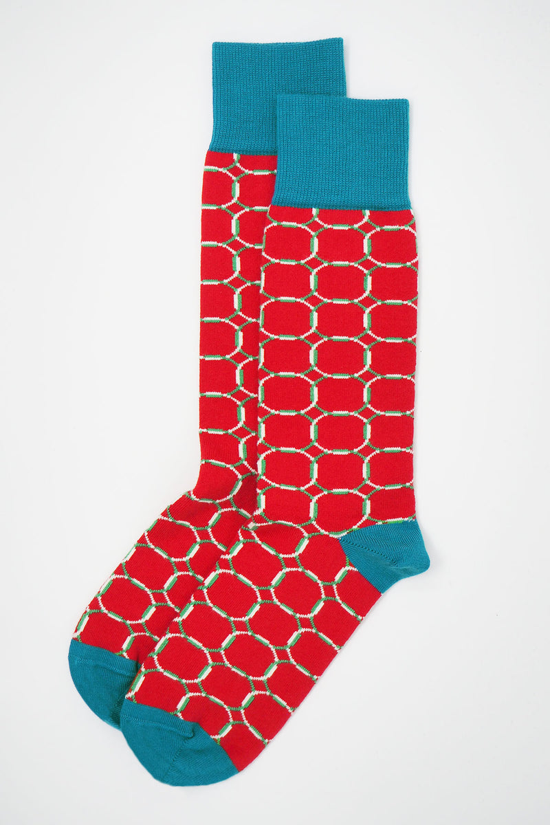 two Red Linked men's luxury patterned socks by Peper Harow side by side