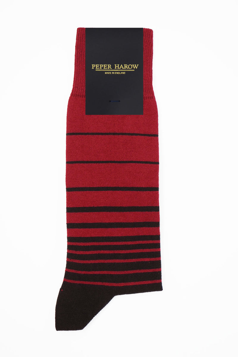 Peper Harow burgundy Retro Stripe men's luxury socks in packaging