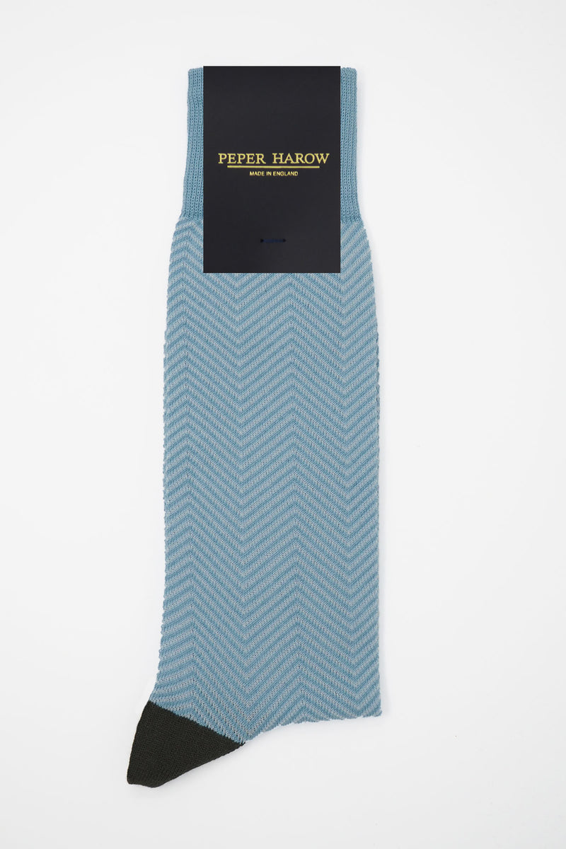 Peper Harow sky blue Lux Taylor men's luxury socks in packaging