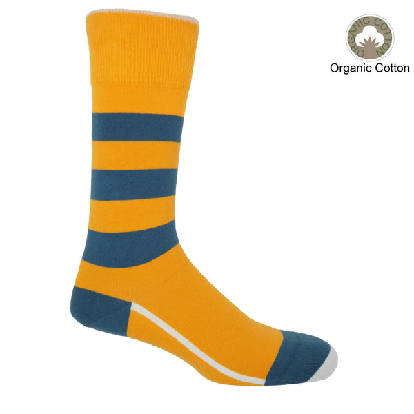 Bright yellow and blue Equilibrium men's striped luxury organic cotton socks by Peper Harow
