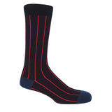 Peper Harow Black Pin Stripe Men's luxury Socks with thin bright red stripes and a navy heel and toe