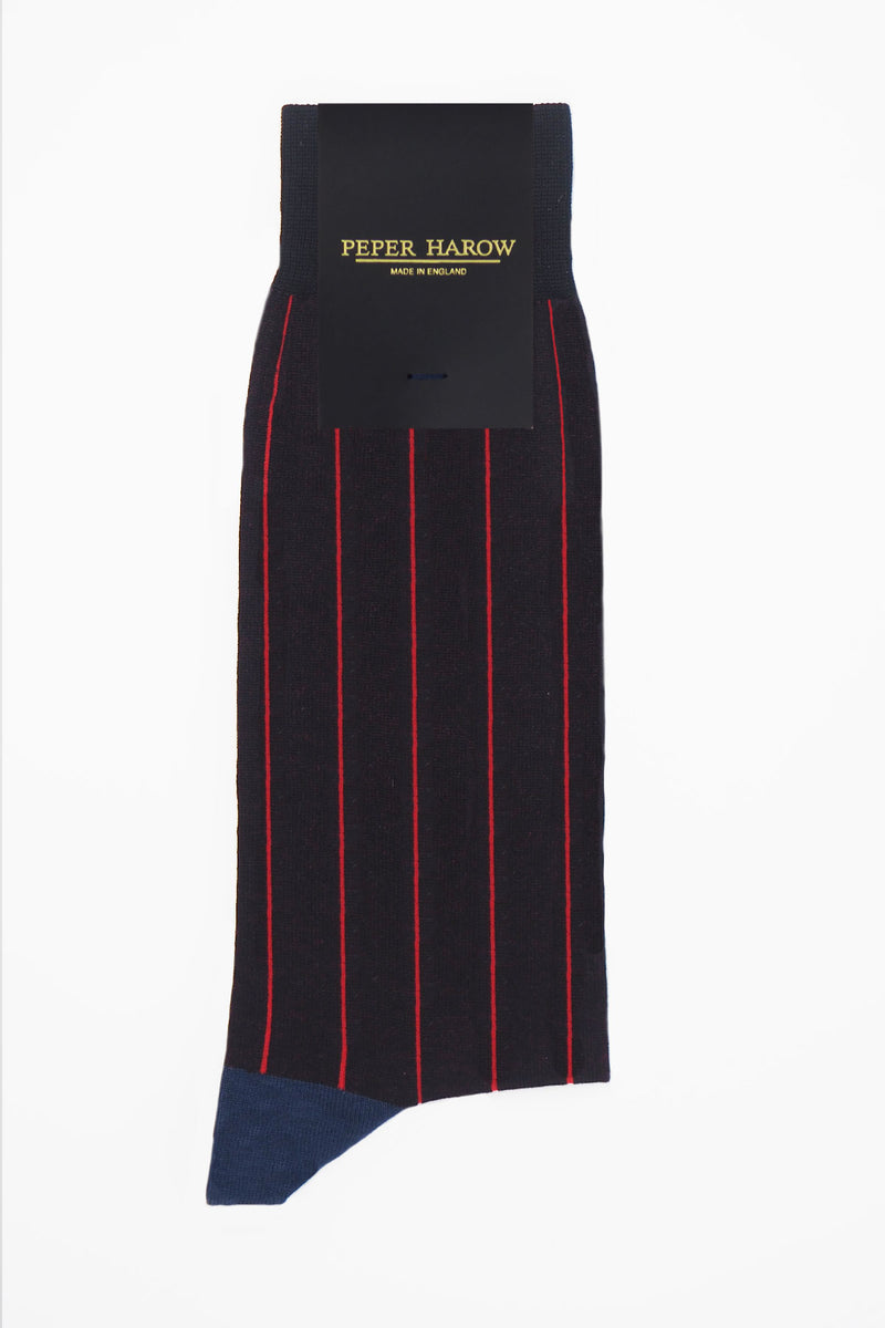 Peper Harow Black Pin Stripe men's socks in packaging with vivid red lines and a navy heel