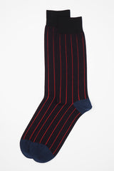 Peper Harow Black Pin Stripe Men's luxury Socks with thin bright red stripes and a navy heel and toe