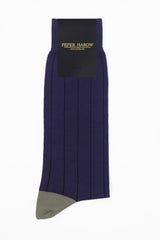 Peper Harow purple Pin Stripe men's luxury socks in packaging showing black lines and grey heel