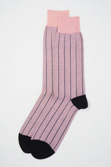 Peper Harow pink pin stripe luxury men's socks with midnight blue stripes and black heel and toe